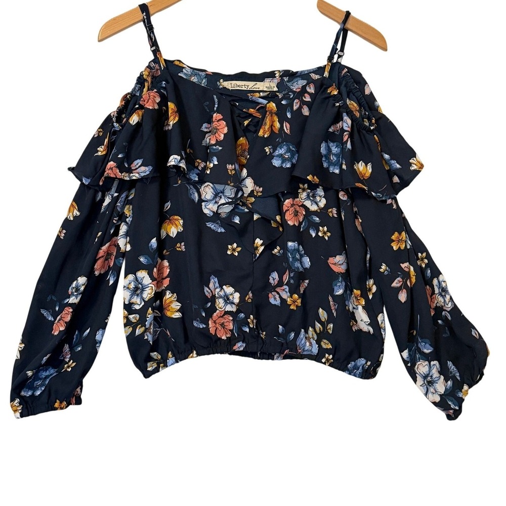 Liberty Love Top Sz Lg Floral Ruffle Cold Shoulder Cropped Y2K Coquette Indie